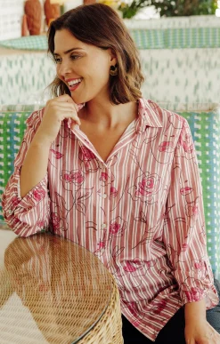 Toscane Boutique Chemisiers & Tuniques|Chemise rayée imprimée visages et fleurs ROSE POUDRE