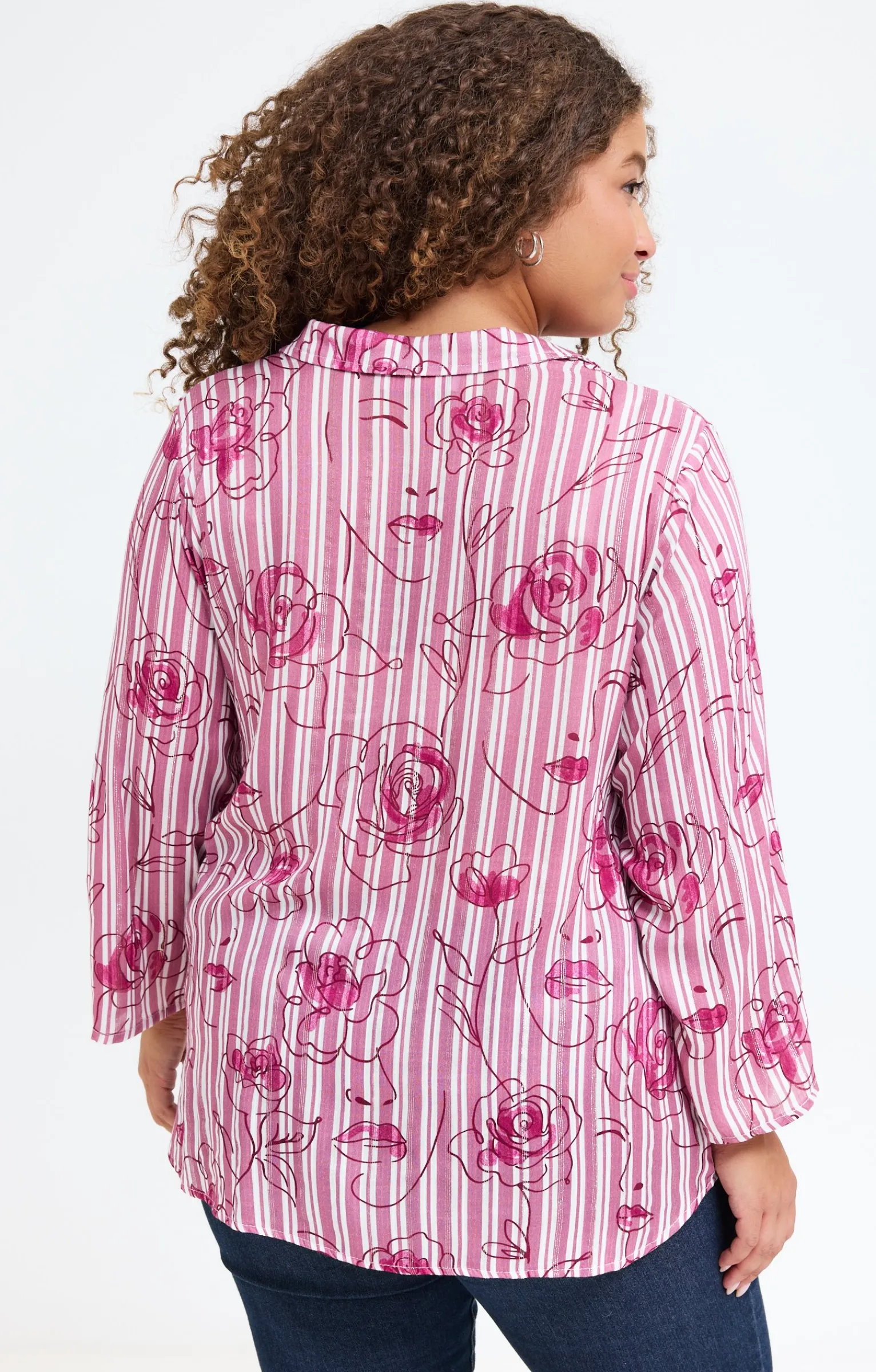 Toscane Boutique Chemisiers & Tuniques|Chemise rayée imprimée visages et fleurs ROSE POUDRE