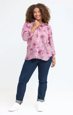 Toscane Boutique Chemisiers & Tuniques|Chemise rayée imprimée visages et fleurs ROSE POUDRE