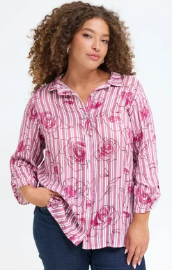 Toscane Boutique Chemisiers & Tuniques|Chemise rayée imprimée visages et fleurs ROSE POUDRE