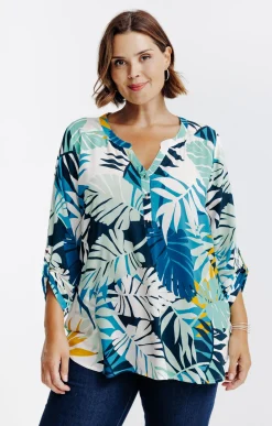 Toscane Boutique Chemisiers & Tuniques|Chemisier imprimé végétal BLEU PETROLE