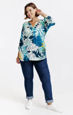 Toscane Boutique Chemisiers & Tuniques|Chemisier imprimé végétal BLEU PETROLE