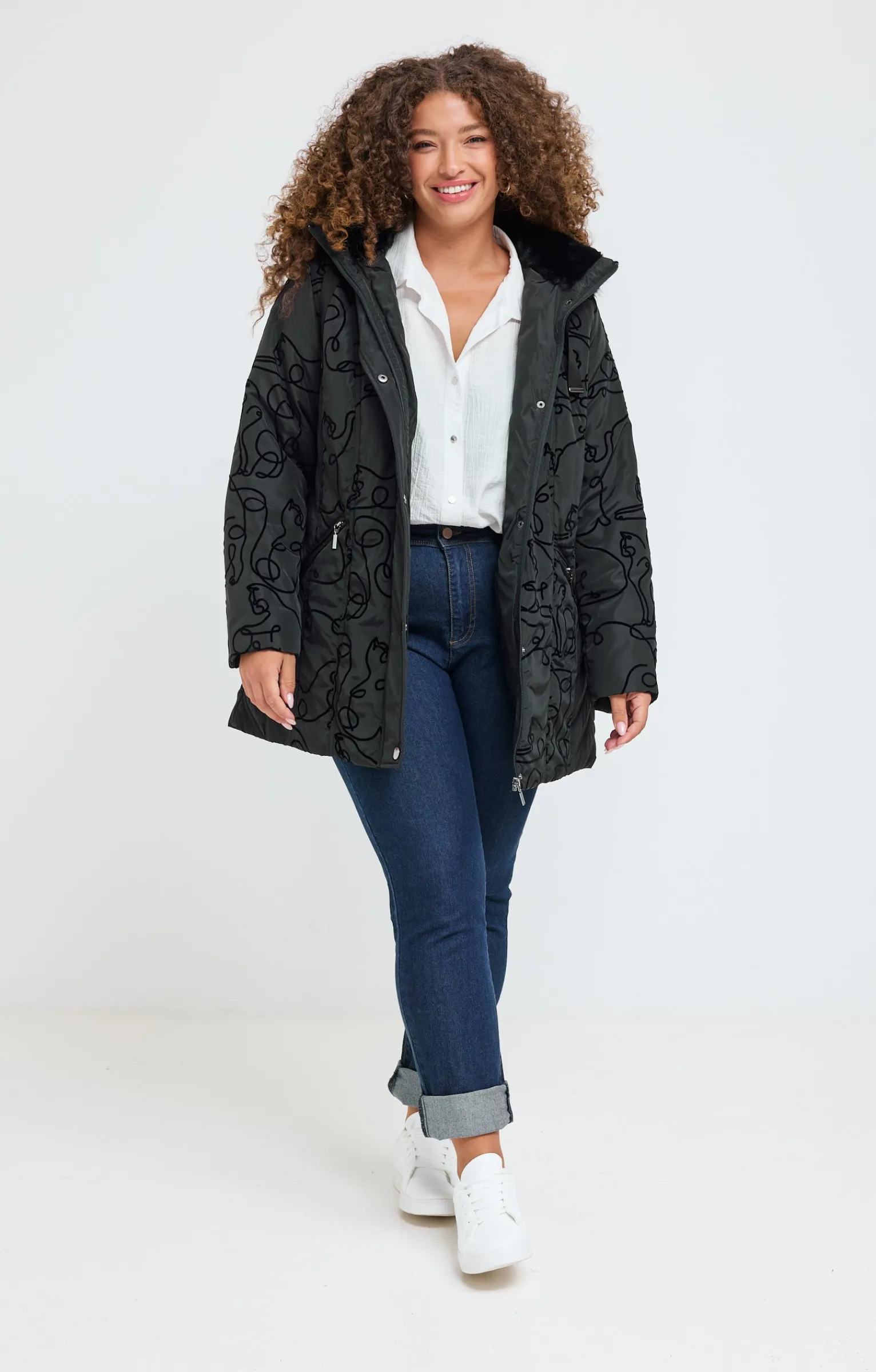 Toscane Boutique Parkas & Impers|Doudoune avec chats en effet velours NOIR
