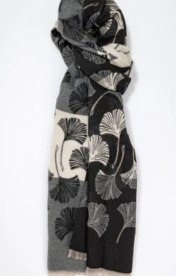 Toscane Boutique Accessoires|Echarpe chaude imprimé ginkgo rayé NOIR