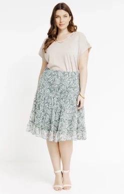 Toscane Boutique Jupes|Jupe voile à volants et imprimé palme TILLEUL