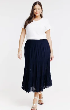 Toscane Boutique Jupes|Jupon crepon à broderie ajourée MARINE