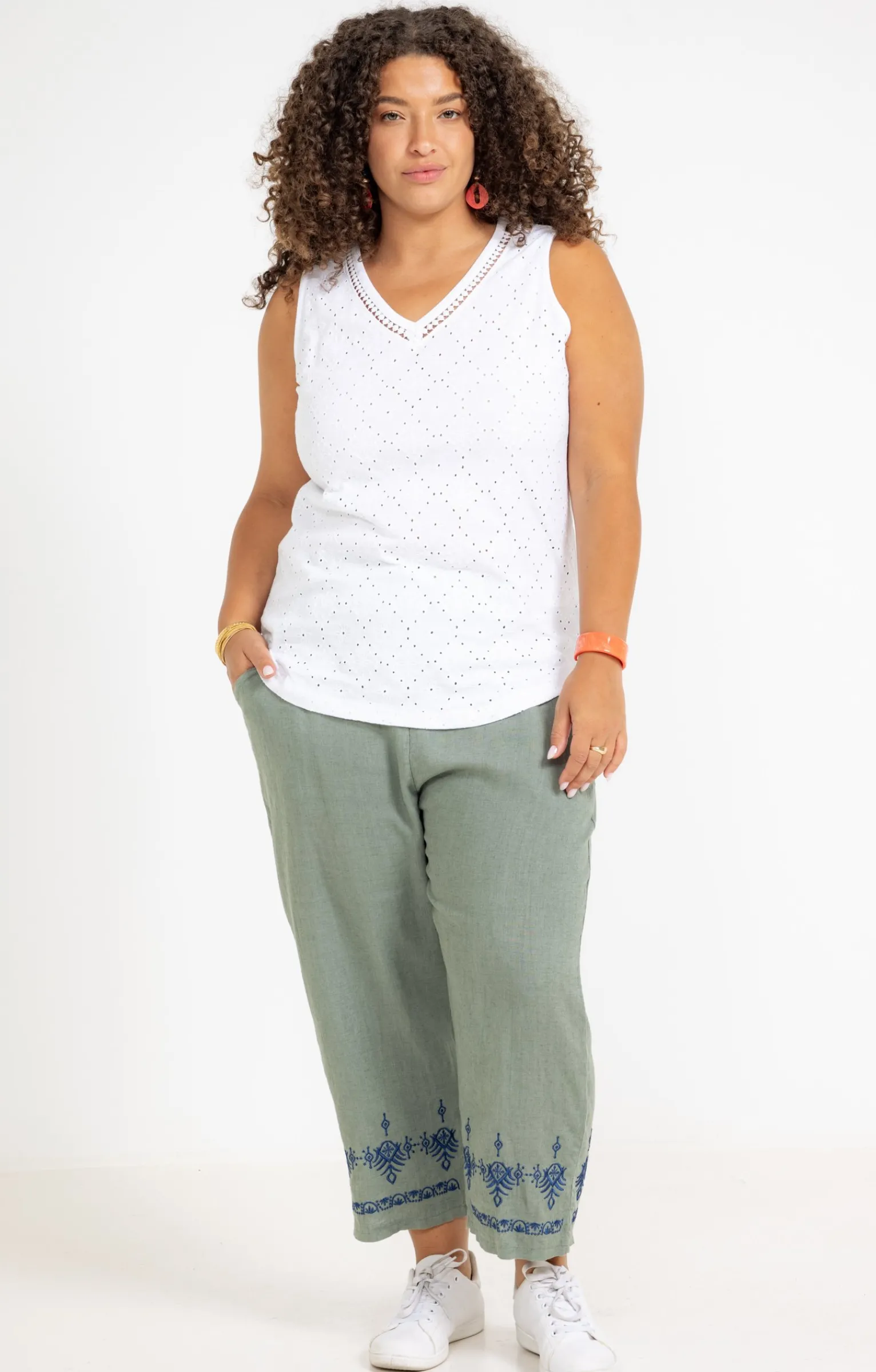 Toscane Boutique Pantalons|Pantacourt lin viscose brodé CELADON