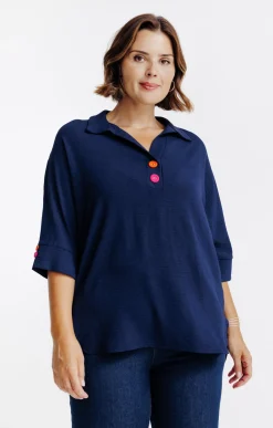 Toscane Boutique Chemisiers & Tuniques|Poncho avec boutons fantaisies MARINE