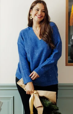 Toscane Boutique Pulls & Cardigans|Pull col V avec strass PETROLE