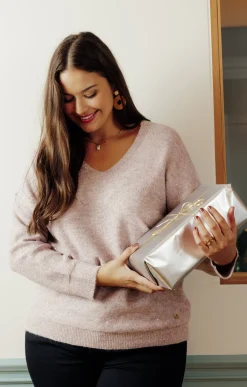 Toscane Boutique Pulls & Cardigans|Pull col V avec strass ROSE POUDRE