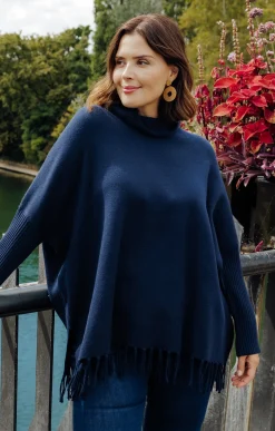 Toscane Boutique Pulls & Cardigans|Pull poncho avec franges MARINE