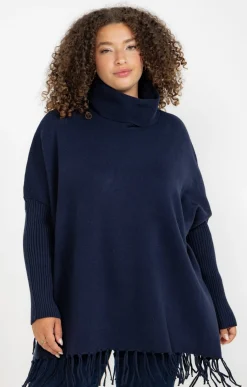 Toscane Boutique Pulls & Cardigans|Pull poncho avec franges MARINE