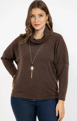 Toscane Boutique Pulls & Cardigans|Pull uni col roulé et collier CHOCOLAT