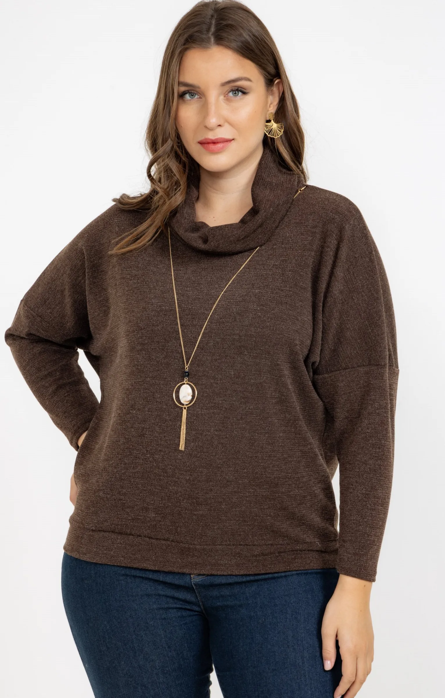Toscane Boutique Pulls & Cardigans|Pull uni col roulé et collier CHOCOLAT