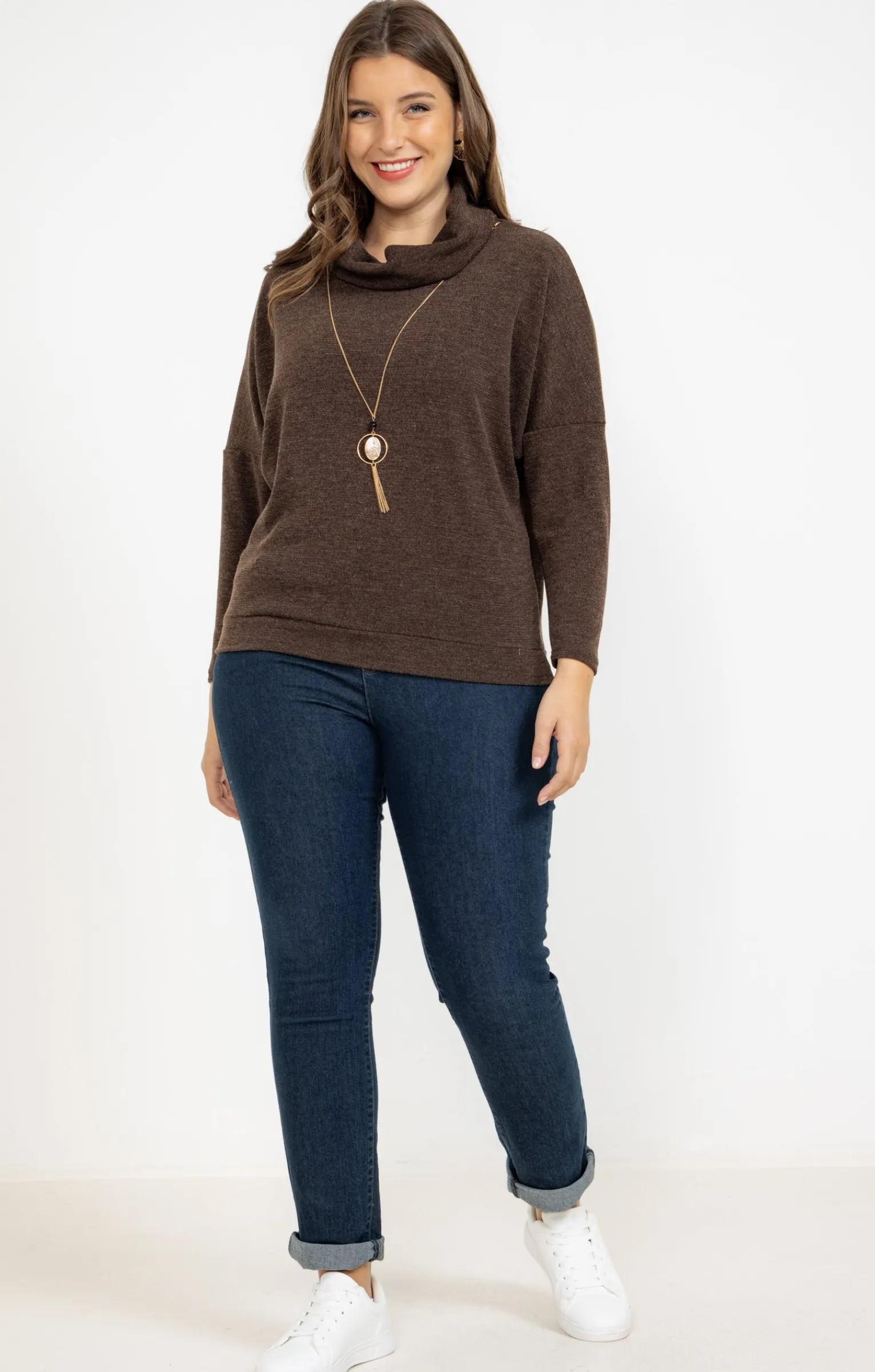 Toscane Boutique Pulls & Cardigans|Pull uni col roulé et collier CHOCOLAT