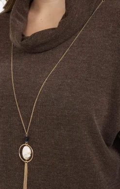 Toscane Boutique Pulls & Cardigans|Pull uni col roulé et collier CHOCOLAT