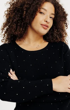Toscane Boutique Pulls & Cardigans|Pull uni côtelé avec strass NOIR