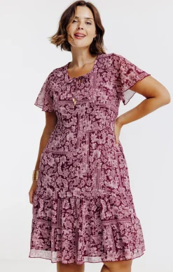 Toscane Boutique Robes|Robe plissé imprimé floral BORDEAUX