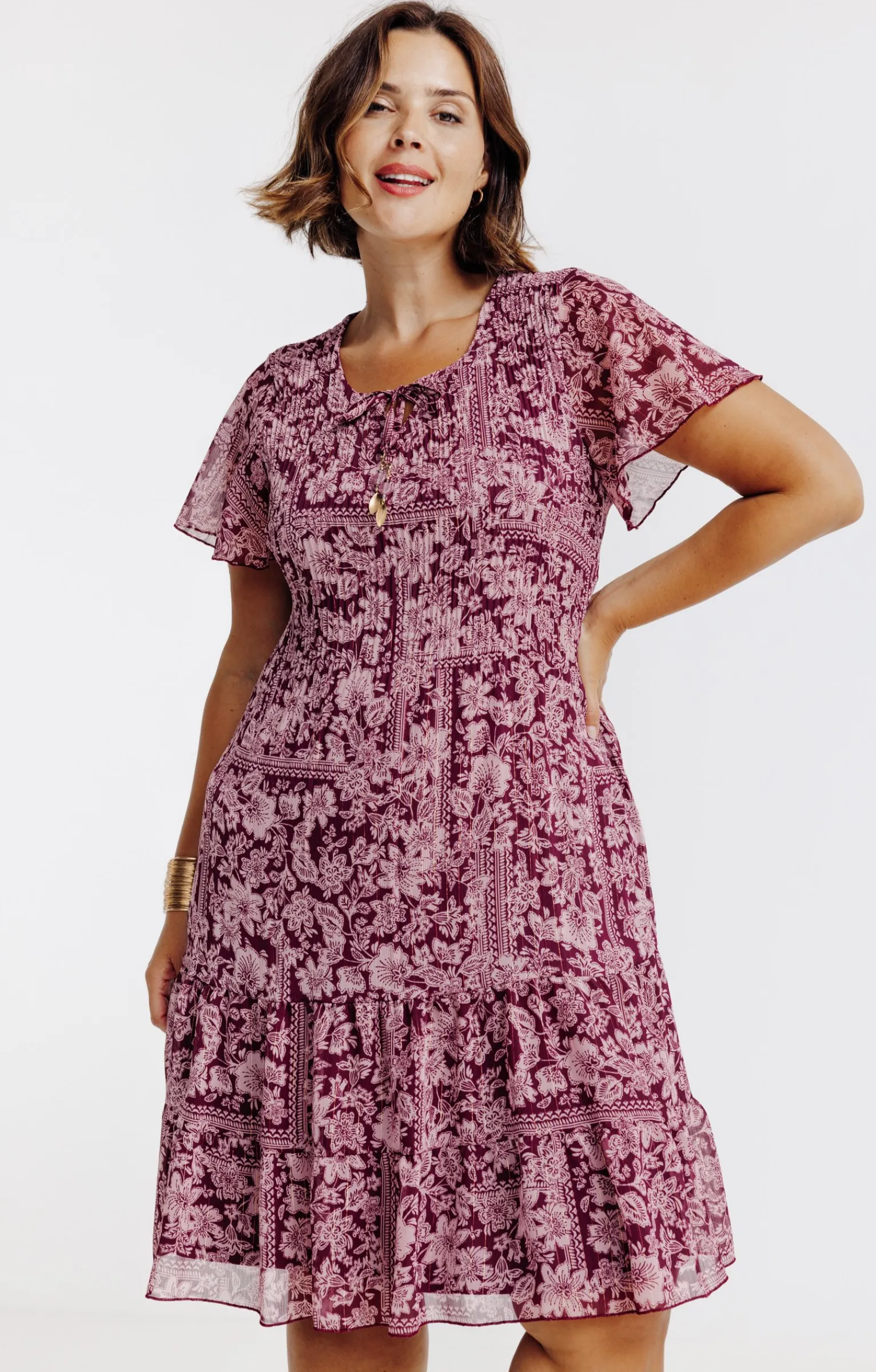 Toscane Boutique Robes|Robe plissé imprimé floral BORDEAUX