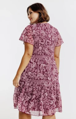 Toscane Boutique Robes|Robe plissé imprimé floral BORDEAUX