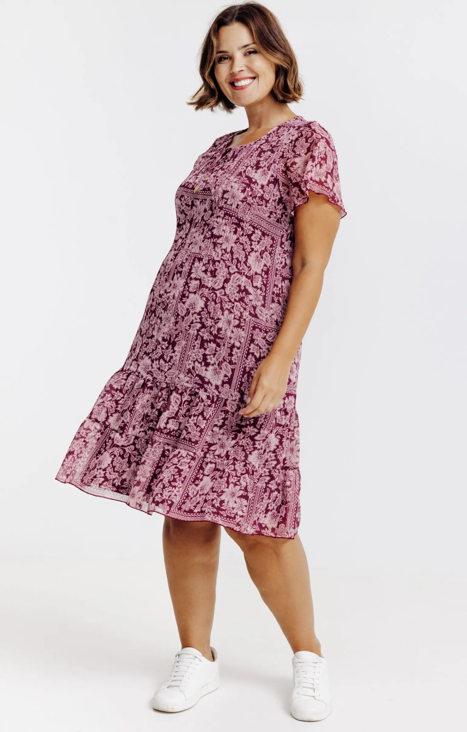 Toscane Boutique Robes|Robe plissé imprimé floral BORDEAUX