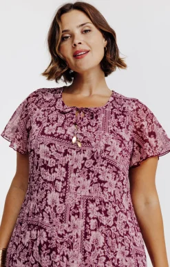 Toscane Boutique Robes|Robe plissé imprimé floral BORDEAUX