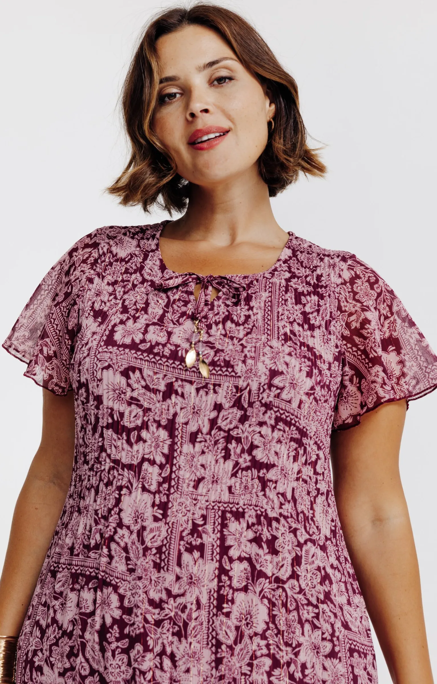 Toscane Boutique Robes|Robe plissé imprimé floral BORDEAUX