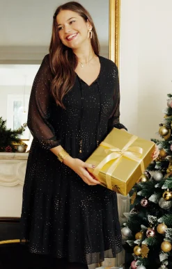 Toscane Boutique Robes|Robe plissée fêtes paillettes NOIR