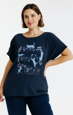 Toscane Boutique Tee-shirts|Tee-shirt imprimé chats bi-matière MARINE