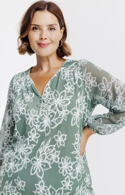 Toscane Boutique Tee-shirts|Tee-shirt imprimé fleuri à zip KAKI CLAIR