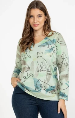 Toscane Boutique Tee-shirts|Tee-shirt maille chaude imprimé chats ÉMERAUDE