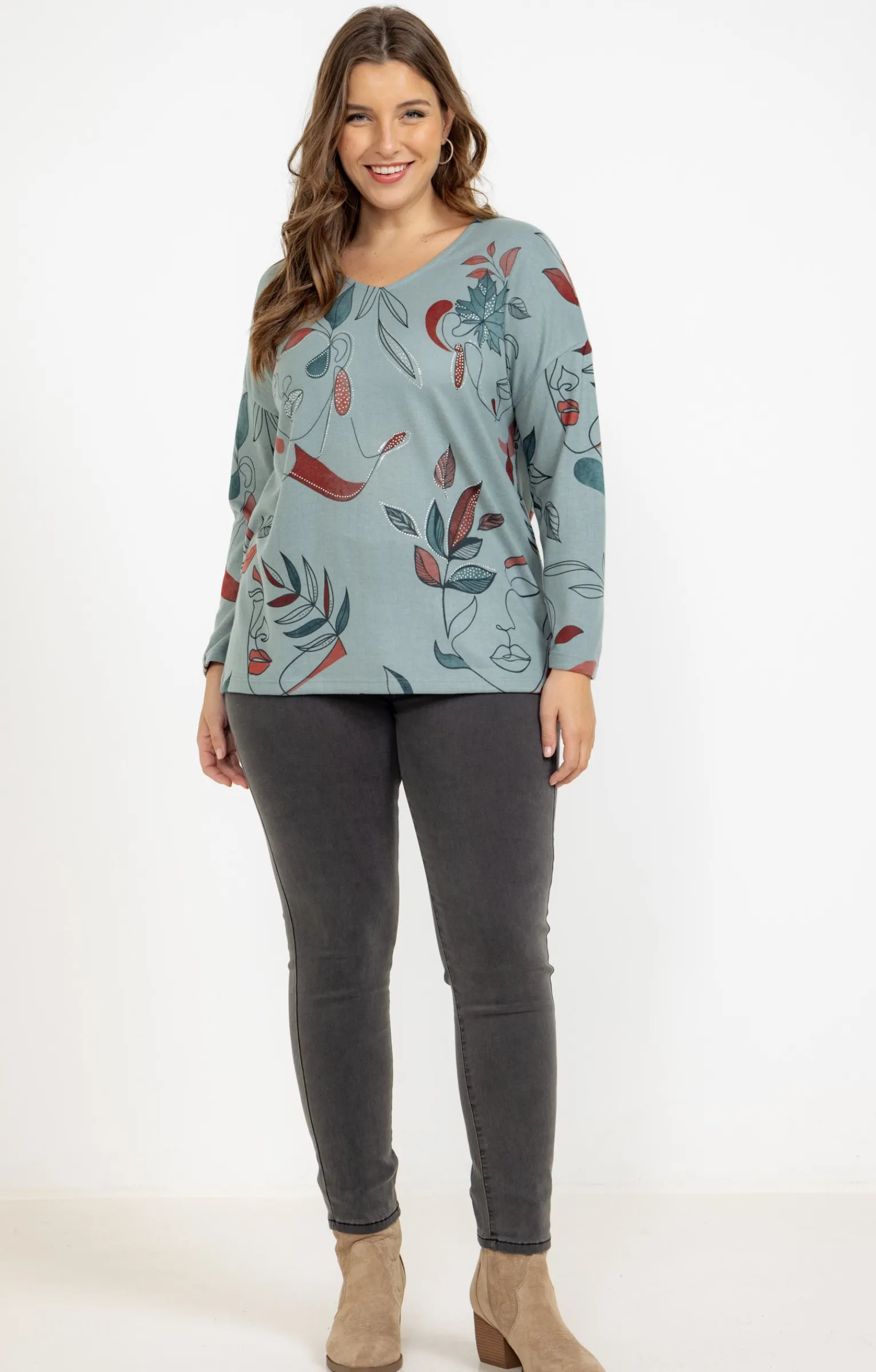 Toscane Boutique Tee-shirts|Tee-shirt maille chaude imprimé visages KAKI CLAIR