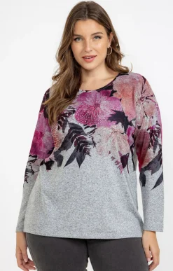 Toscane Boutique Tee-shirts|Tee-shirt maille chaude imprimé fleurs GRIS