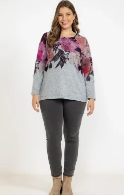 Toscane Boutique Tee-shirts|Tee-shirt maille chaude imprimé fleurs GRIS