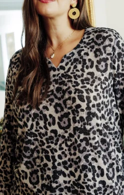 Toscane Boutique Tee-shirts|Tee-shirt maille chaude léopard GRIS