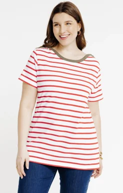 Toscane Boutique Tee-shirts|Tee-shirt marinière col bateau contrasté KAKI CLAIR