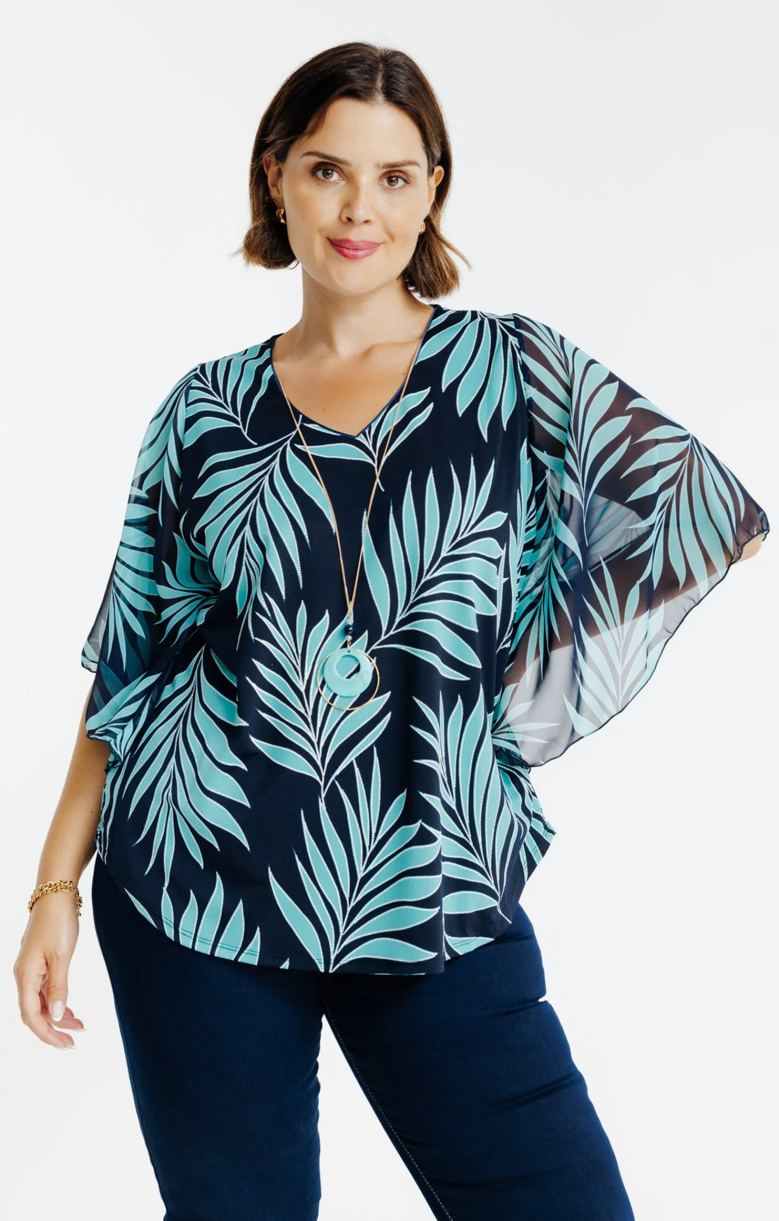 Toscane Boutique Tee-shirts|Tee-shirt poncho imprimé avec collier TURQUOISE
