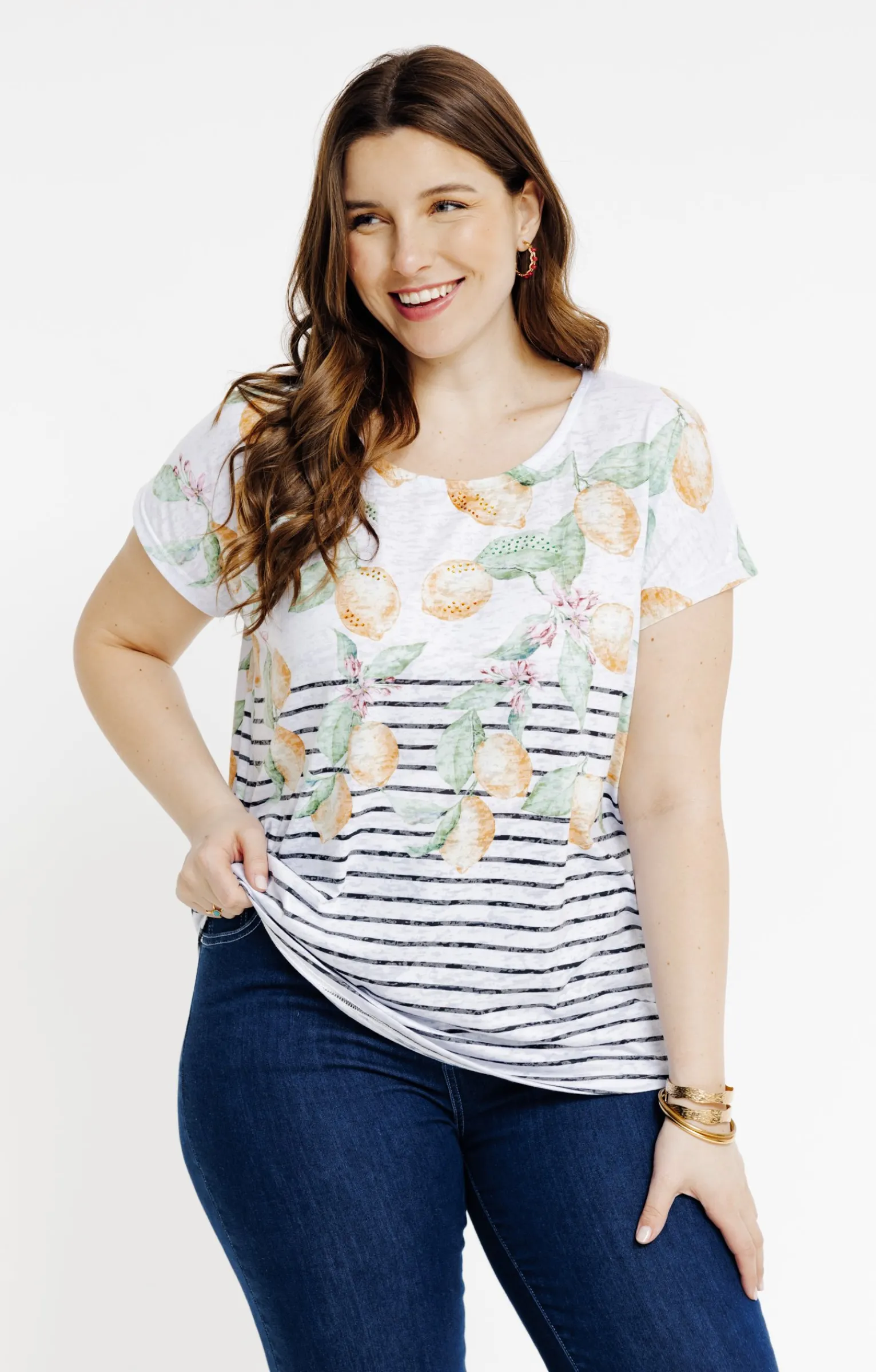 Toscane Boutique Tee-shirts|Tee-shirt rayé avec motifs citrons JAUNE
