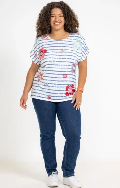 Toscane Boutique Tee-shirts|Tee-shirt rayé imprimé fleurs BLEU ORAGE