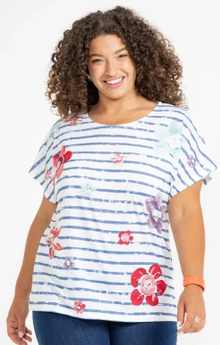 Toscane Boutique Tee-shirts|Tee-shirt rayé imprimé fleurs BLEU ORAGE
