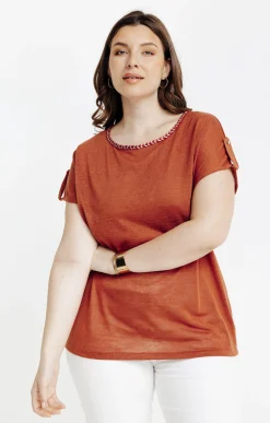 Toscane Boutique Tee-shirts|Tee-shirt uni avec tresse à l'encolure CORAIL