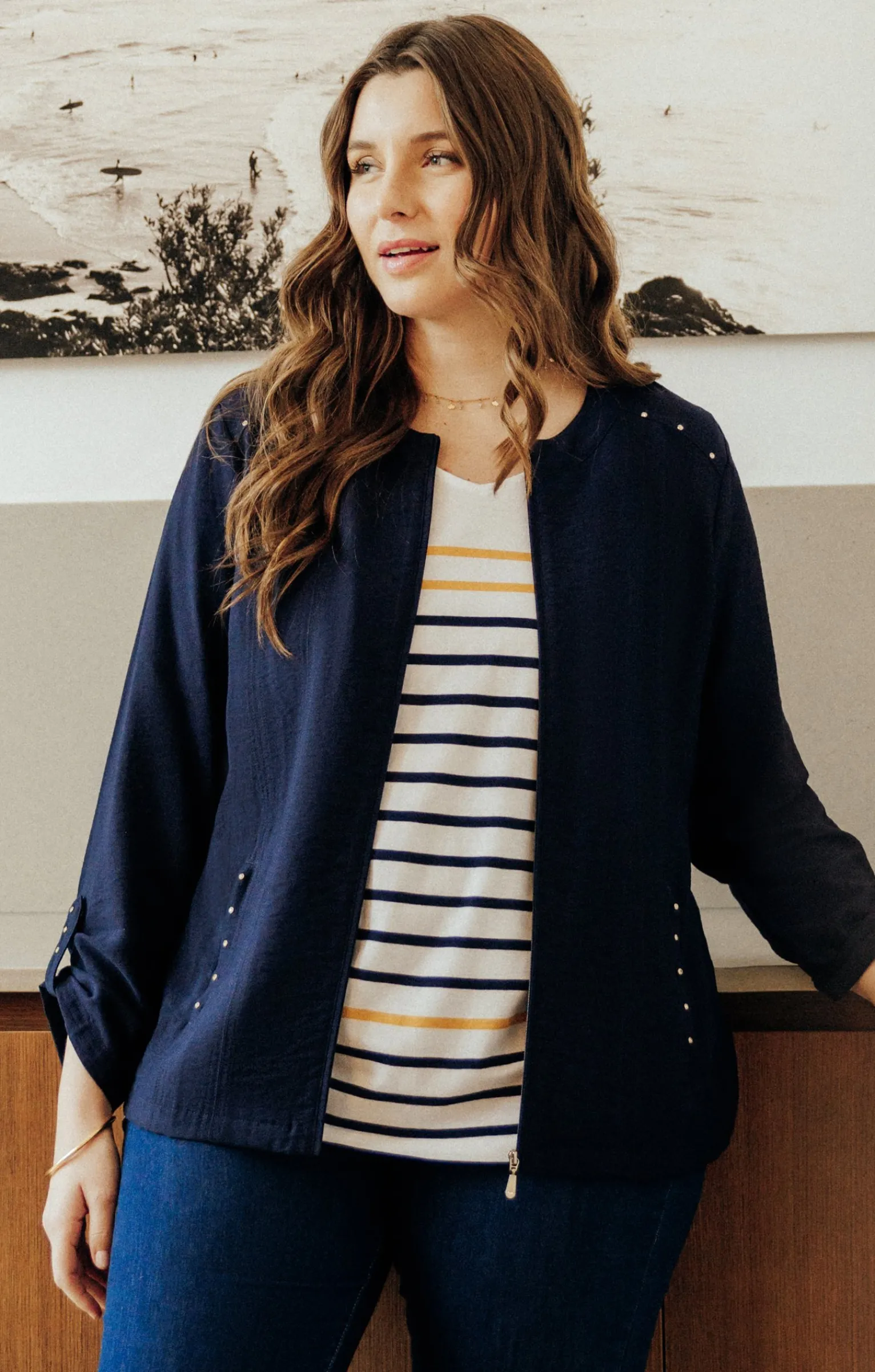 Toscane Boutique Vestes|Veste zippée avec col rond MARINE